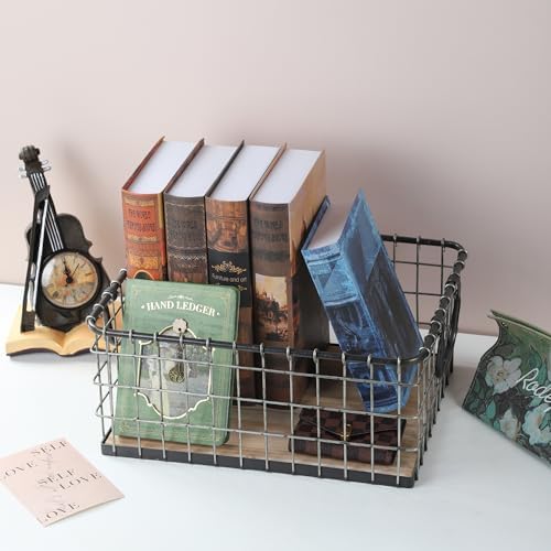 Set of 3 Rectangular Sturdy Hand Welded Farmhouse Metal Wire Basket with Rustic Wooden Bottom For Shelves, Closet Storage Bins for Shelves. Also For Laundry, Towel, Spice Rack, Tool Box (SET OF 3)