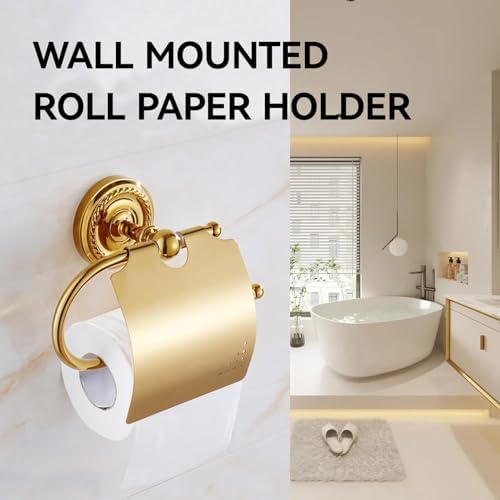 Antique Gold Toilet Paper Holder, Vintage Brass Bathroom Toilet Paper Roll Holder Wall Mount Toilet Tissue Holder with Cover Metal Tissue Roll