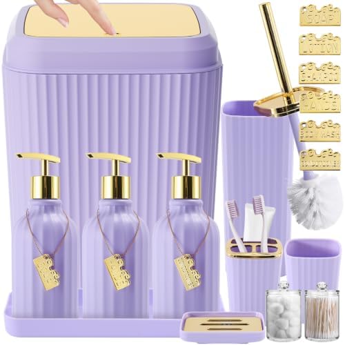 17PCS Bathroom Accessories Set, Purple Bathroom Set Bathroom Accessories Set with Trash Can, Toilet Brush, Toothbrush Holder, Qtip Holder & 3PCS Soap Dispenser