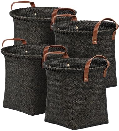Wicker Storage Baskets, 4 Pack Woven Baskets for Shelves, Dark Gold
