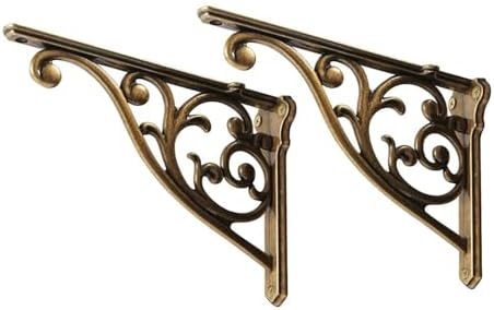 Shelf Brackets 6 Inch 2 Pack Heavy Duty Antique Brass Wall Bracket Victorian Kitchen Decorative Rack Shelves, Shelf Bracket Available in 8 finishes. (2, Antique Brass)