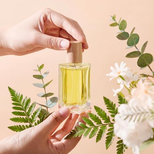 Teenyyou 6 Pack 30/50 ml Empty Glass Square Perfume Bottles Bulk Refillable Atomizer Cologne Bottles DIY Perfume Making Supplies Vintage Fragrance Packaging Glass (50 ml,Beech Wood Lid)