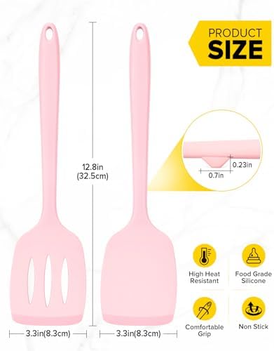 Pack of 2 Silicone Spatula Turners, Non Stick Slotted Kitchen Spatula Set, Heat Resistant BPA Free Kitchen Utensils, One-Piece Design, Suitable for Flipping Fish, Eggs, Steak, Pancakes (PINK)