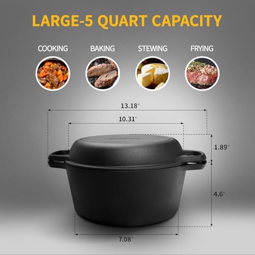 EDGING CASTING 2-in-1 Pre-Seasoned Cast Iron Dutch Oven Pot with Skillet Lid Cooking Pan, Cast Iron Skillet Cookware Pan Set with Dual Handles, Indoor Outdoor for Bread/Frying/Baking/Camping/BBQ, 5 Qt