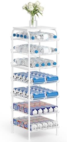 Vrisa Water Bottle Organizer 7 Tier Free Standing Water Bottle Holder Stand with Storage Shelves Beverage Drink Soda Can Rack Dispenser Metal Storage Shelf for Kitchen Pantry Party Office, White