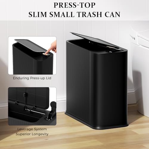 2-in-1 Black Bathroom Trash Can with Lid and Tissue Box Dispenser, 3.5 Gallon / 13L Small Slim Garbage Can with Press Top, Space-Saving Waste Basket for Vanity, Bedroom, Office