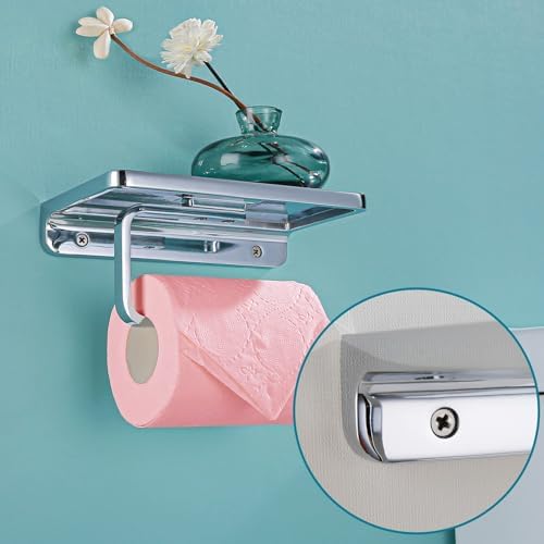 RANDOM Chrome Toilet Paper Holder with Phone Shelf Storage Rack for Bathroom or Kitchen Tissue Roll Paper Holder Dispenser All Solid Metal Wall Mounted RD93008-C.