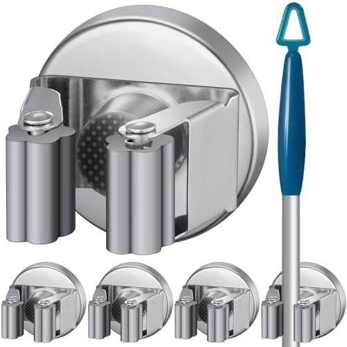 Vercraft 4 Pcs Magnetic Broom Holder Wall Mounted Anti Slip Rack,Silver