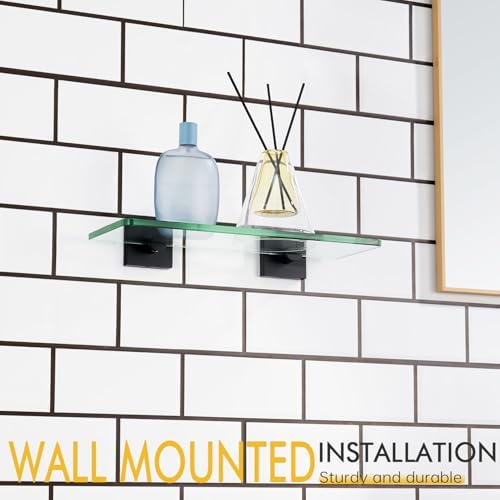 KOKOSIRI Glass Shelf Floating Bathroom Shelves 12-Inch Tempered Glass Rack for Shower Storage Wall Mount, 2 Pack Black Stainless Steel B1107BK-L12-P2