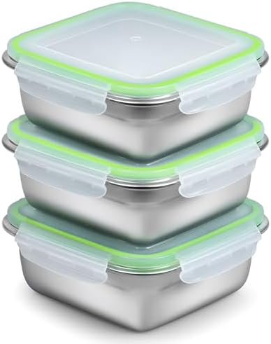 3 Pack Sandwich Containers, 24oz Stainless Steel Sandwich Box with Airtight Lids, Reusable Metal Meal Prep Lunch Boxes, BPA-Free, Dishwasher Safe, Food Storage Containers for Families (Green)