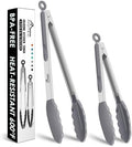 HOTEC Premium Stainless Steel Locking Kitchen Tongs with Silicon Tips, Set of 2-9" and 12" Light Grey