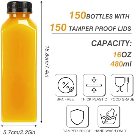 TOMNK 150pcs 16oz Plastic Juice Bottles with Caps, Sticker Labels, Brush