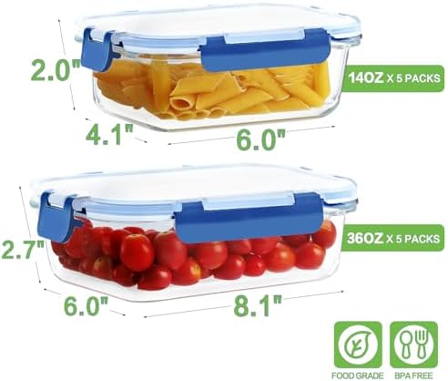 HOMBERKING 10-Pack Glass Meal Prep Containers, 36 oz/14 oz, Locking Lid Set