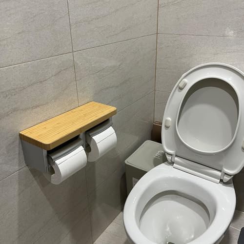 Modern Silver Toilet Paper Holder with Wooden Top, Silver Double Toilet Paper Holder with Wooden Top, Bamboo Toilet Paper Holder for Bathroom
