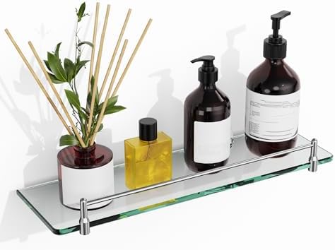 Glass Bathroom Shelves,Chrome Polished Floating Shelves for Wall Rectangular Modern Stainless Steel Glass Shelf for Bathroom Shelves wall Mounted 16 Inch
