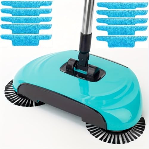 Manual Sweeper, Carpet Sweeper, Mini Hand Push Sweeper 3 in 1 Household Cleaning Lazy Dustpan Trash Bin 360° Rotating Floor Cleaning Mop for Hardwood Ceramic Tiles, with 10 Cloth (Lake Blue)