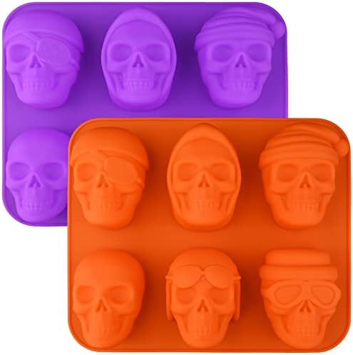 Sakolla Large Skull Cake Pan Silicone Mold, 2 Pack 6 Cavity Halloween Skull Cakelet Chocolate Molds Candy Pizza Baking Molds Handmade Soap Tray