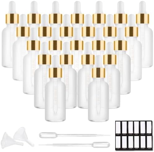 PrettyCare 1oz Glass Dropper Bottle Set of 24, Thick Rose Frosted Glass Bottles Empty with Leakproof Caps, Labels, Funnels - 30ml Eye Dropper Bottles for Storage, Travel, Essential Oils, Tincture