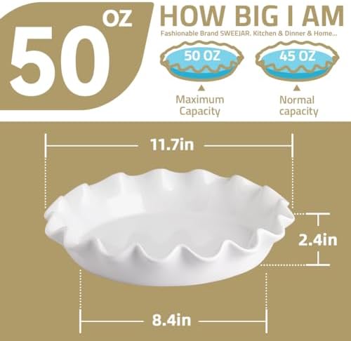 Sweejar Ceramic 11.5 Inches Pie Pan for Baking, Deep and Fluted Porcelain Round Pie Dish, Non-Stick Pie Plate for Pumpkin Pie, Apple Pie, Pie Pots with Morden Farmhouse Design(White)