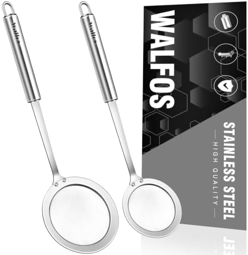 Walfos Fat Skimmer Spoon, Stainless Steel Fat skimmer For Cooking, Fine Mesh Strainer, Food Strainer Fit For Separation Of The Floating Foam, Fat, Grease - Set of 2 Sise