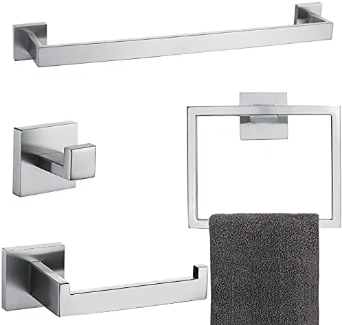 Brushed 4-Piece Bathroom Hardware Set Premium Stainless Steel Bath Towel Bar Sets Wall Mounted Square Bathroom Accessories Kit, 23.6 Inch Brushed Nickel