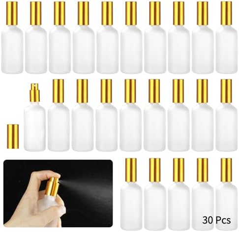 30 Pcs Frosted Glass Spray Bottles - 3.4 oz / 100 ml Refillable Empty Perfume Atomizer, Fine Mist Spray Bottle, Leak-Proof Reusable Containers for Travel, Essential Oils & Liquid Dispensing (Gold)