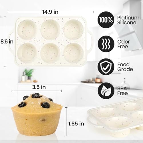 CAKETIME Large Muffin Pan, Metal Reinforced Frame 3.5 Inch Jumbo Silicone Muffin Pan Nonstick 6 Cups for Baking Jumbo Muffin, Frittatas, Jumbo Cupcakes 2 Pack Confetti