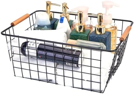 LeleCAT Large black wire baskets with Wooden Handles for storage pantry, Storage Organizer Baskets, Household Refrigerator for Cabinets, Closets, Bedrooms, kitchen - Set of 3 Black