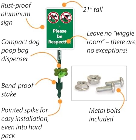 SmartSign Please Be Respectful Yard Sign & Clip-On Dispenser Combo/Kit, 7"x10" Rust-proof Aluminum Sign with 18-inch Steel Stake, Compact Dispenser Preloaded with a 15 Dog Poop Bags Roll