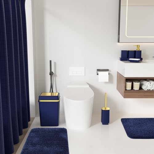 24PCS Bathroom Sets with Shower Curtain and Rugs Bathroom Accessory Set Navy Blue Bathroom Set, 4 Gallon Trash Can, Toilet Brush, Lotion Dispenser, Toothbrush Holder, Tray, Soap Dish