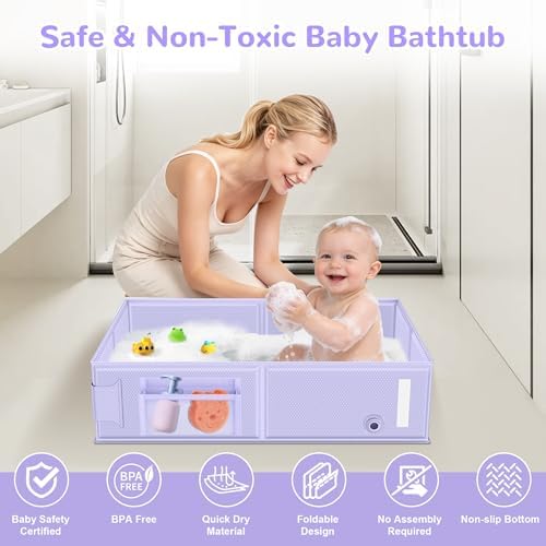 Collapsible Baby Bathtub, Foldable Toddler Bath Tub with Chick Pattern Bath Rinse Cup, No Assembly Portable Travel Bathtub for 6M-5Y, Ideal for Shower, Travel Essentials & Baby Registry Gift
