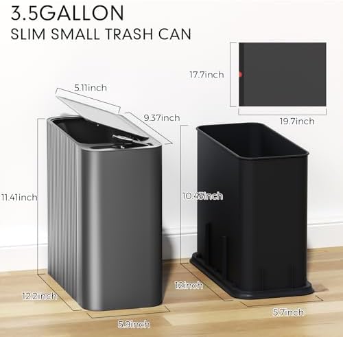 Bathroom Trash Can with Lid 13 Liter/ 3.5 Gallon Dark Gray Trash Can with Pop-Up Lid Bedroom Trash Can Small Garbage Can with 150 Counts Trash Bags for Small Bathroom Bedroom Office