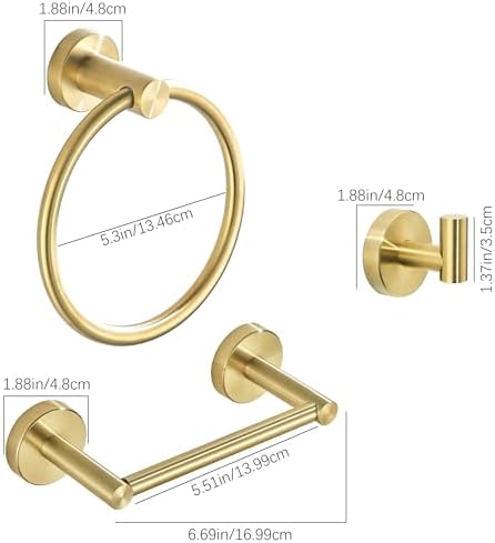 Gold Bathroom Hardware Set, Brushed Gold Toilet Paper Holder Towel Ring Robe Hooks Wall Mount Hand Towel Holder Bath Accessories Stainless Steel, 3 Pieces