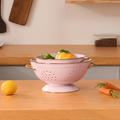 Metal Colander Set of 2, Strainer Basket with Handles 3.5 & 5 Qt Powder Coated Self-draining Solid Ring Base Metal Large Kitchen Colander Bowel for Pasta Vegetable Fruit (PINK)