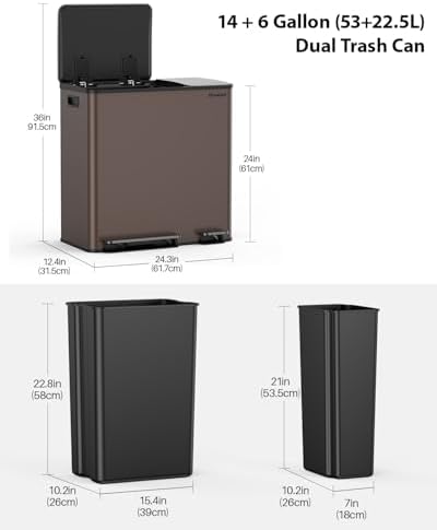 Lovewind Dual Trash Can, 14 + 6 Gallon Garbage Can for Kitchen Dual Compartment Recycling Kitchen Step Trash Bin, Stainless Steel Trash and Recycle Bin Combo with Soft-Close Lid, Brown