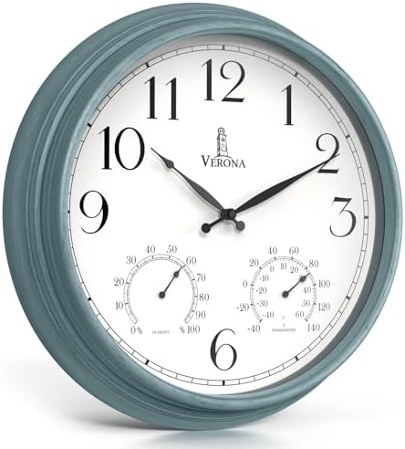 Large Outdoor Patio Clock - Waterproof Thermometer Combo, 18 Inch, Teal