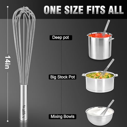 Walfos Whisk,14in Large Whisks, Heavy Duty Stainless Steel Wire Whisk for Blending, Whisking, Beating Suitable for stirring and mixing containers such as deep pots or big bowl at home or store.