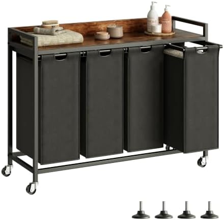 Herture Laundry Hamper with Shelf, Laundry Basket 4 Section, Laundry Sorter with Pull-Out Removable Large Bags and Movable Wheels, Metal Frame, 4 x 15.87 Gallons (60L), Rustic Brown + Black PF07XLY
