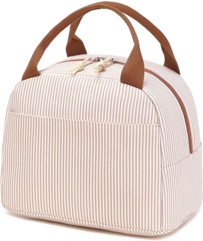 Bluboon Lunch Box for Women Cute Lunch Bag Reusable Insulated Lunch Bags Large Capacity Lunchbox Cooler for Work Picnic or Travel Gifts (Light Khaki White Stripes, 10 x 7.5 x 8 inches)