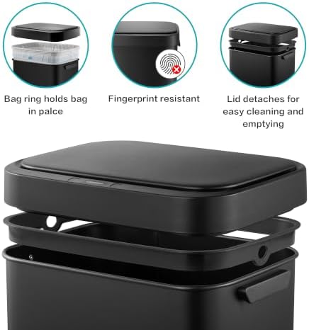 13 Gallon Trash Can, Touchless Stainless Steel Kitchen Bin (Black)