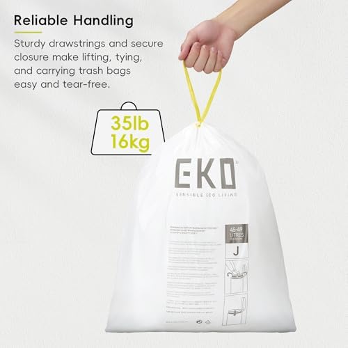 EKO 12.9 Gallon / 45-49 Liter, 60 Count Drawstring Trash Bags, Extra-Strong Unscented Garbage Bags, Easy-Dispense Roll for Kitchen & Household Use, Resists Tears, Leaks and Punctures, Code J, White