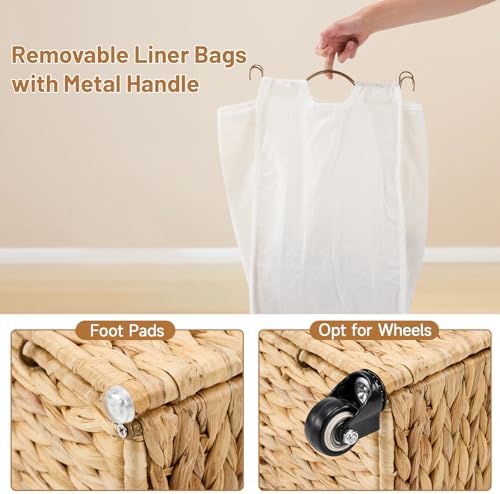 Laundry Hamper with Wheels, 52.8 Gallon(200L) Water Hyacinth Laundry Basket with Lid, 3-Section Wicker Clothes Hamper with 3 Removable Liners, Laundry Sorter with Side Pocket, Natural