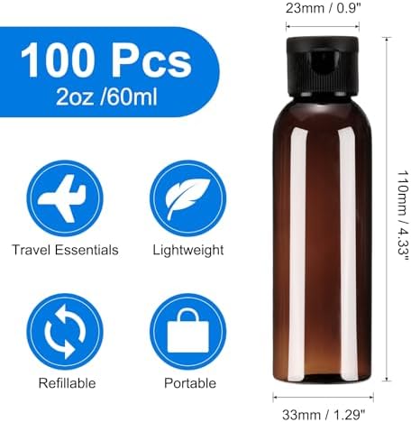 uxcell 2 Oz Plastic Bottles with Flip Caps, 100 Pcs Reusable Travel Size Containers with Lids Plastic Squeeze Refillable Dispensing Bottles for Shampoo, Body Soap, Toner(Brown Black)
