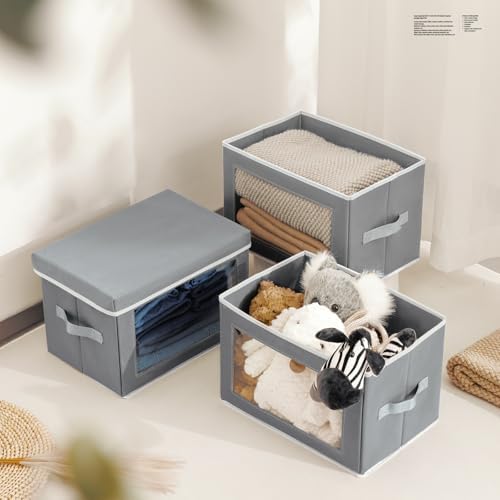 Homsorout Collapsible Storage Bins with Lids, 4 Pack Closet Cubes for Organization, Fabric Storage Baksets with Window, Clothes Organizer bins for Home, Dorm, Grey