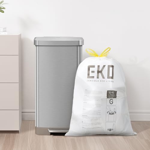 EKO 21 Gallon / 50-90 Liter, 60 Count Drawstring Trash Bags, Extra-Strong Garbage Bags, Fresh Floral Scent with Continuous Odor Control, Easy-Dispense Roll for Kitchen and Household Use, Code G, White