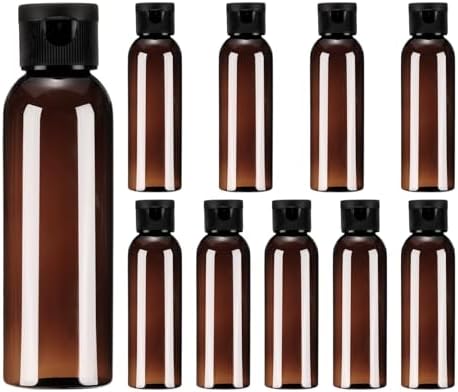 uxcell 2 Oz Plastic Bottles with Flip Caps, 10 Pcs Reusable Travel Size Containers with Lids Plastic Squeeze Refillable Dispensing Bottles for Shampoo, Body Soap, Toner(Brown Black)