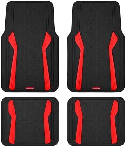 Rubbermaid Car Floor Mats Full Set,Premium Heavy Duty All-Weather Car Mats– Rugged Rubber with Brushed Aluminum Inserts, Universal Trim-to-Fit, Anti-Slip Backing for Cars, SUVs, Trucks & Vans - Red