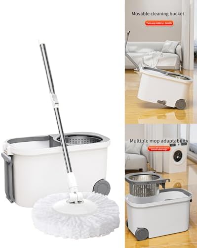 20L Spin Mop and Bucket System with Wringer, 3 Microfiber Mop Heads and 1 Heavy-Duty Scrub Brush, Stainless Steel Handle, Rolling Bucket with Drain Plug for Hardwood, Tile and Laminate Floors