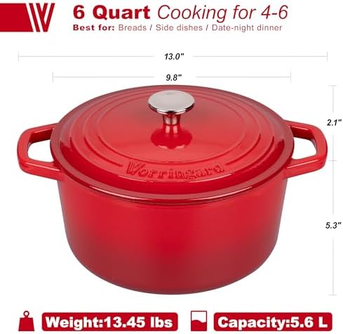 VORRINGARD Enameled Cast Iron Dutch Oven Pot with Lid, for Bread Baking, Round Bread Oven- include Sourdough Bread Baking Supplies Set, 6QT, Red