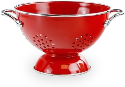 Reston Lloyd, 1.5 Quart Powder Coated Steel Kitchen Strainer Basket for draining Pasta, Vegetable and Fruit, Chrome Handles and Wide Stable Base, Red